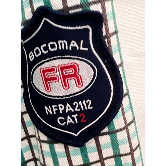 Bocomal size Xl-long shirt button down blue/green plaid flame resistant workwear - Picture 8 of 8